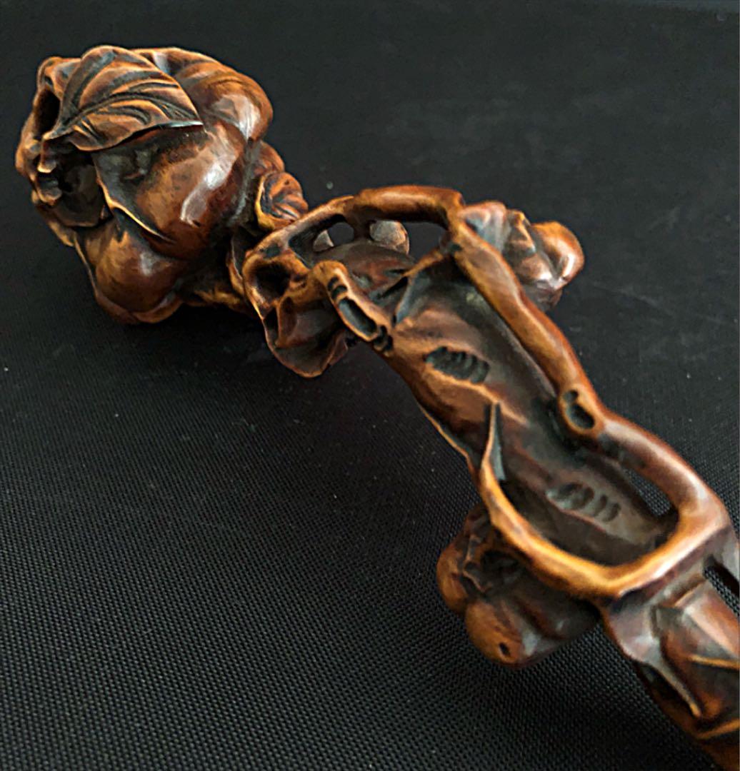 中国美術 唐 古黄楊木 細密彫り 如意 法具