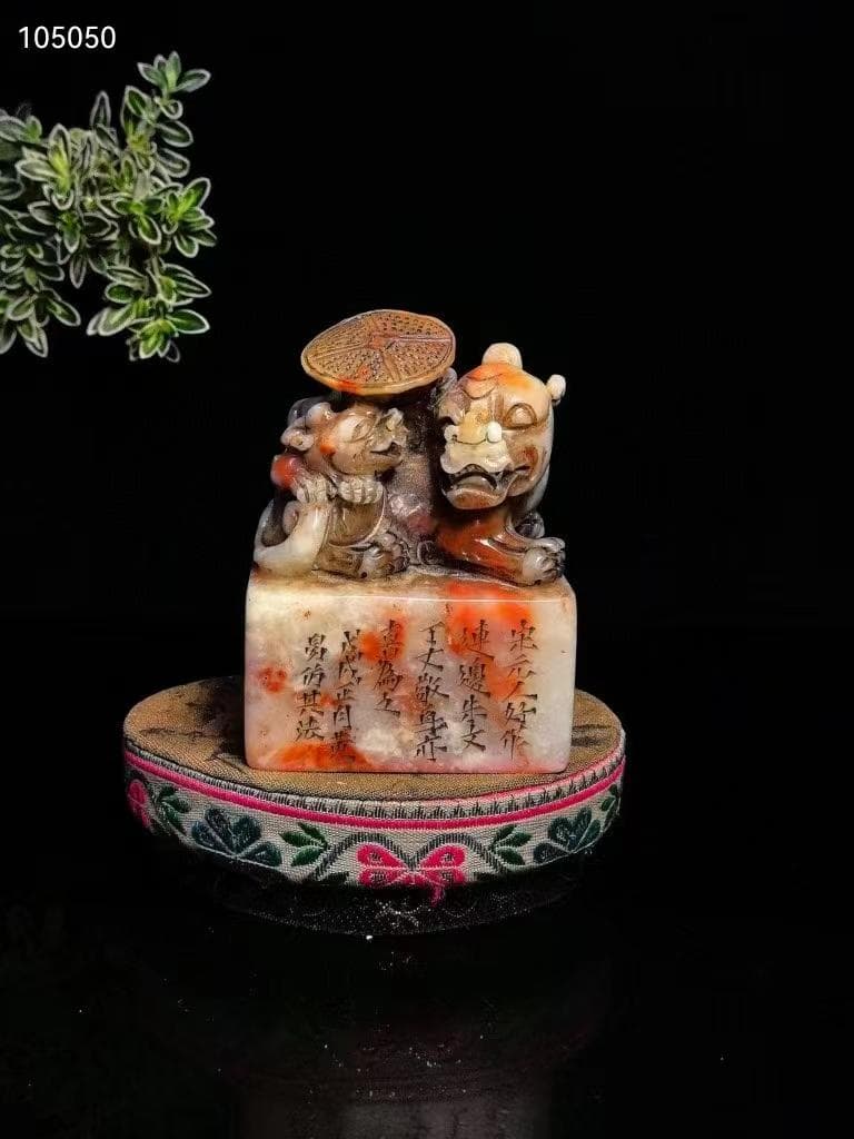 中国古美術・瑞獣賜宝印鑑・純手彫り・寿山石極品紅花凍芙蓉の印鑑・置物・文房具・