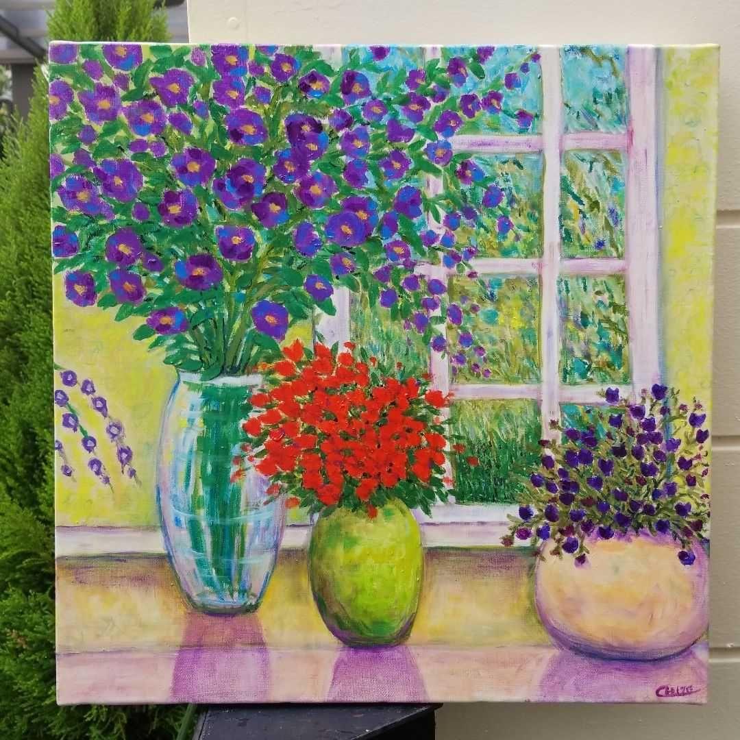 油絵　窓辺に並べたお花　　大きめキャンバス