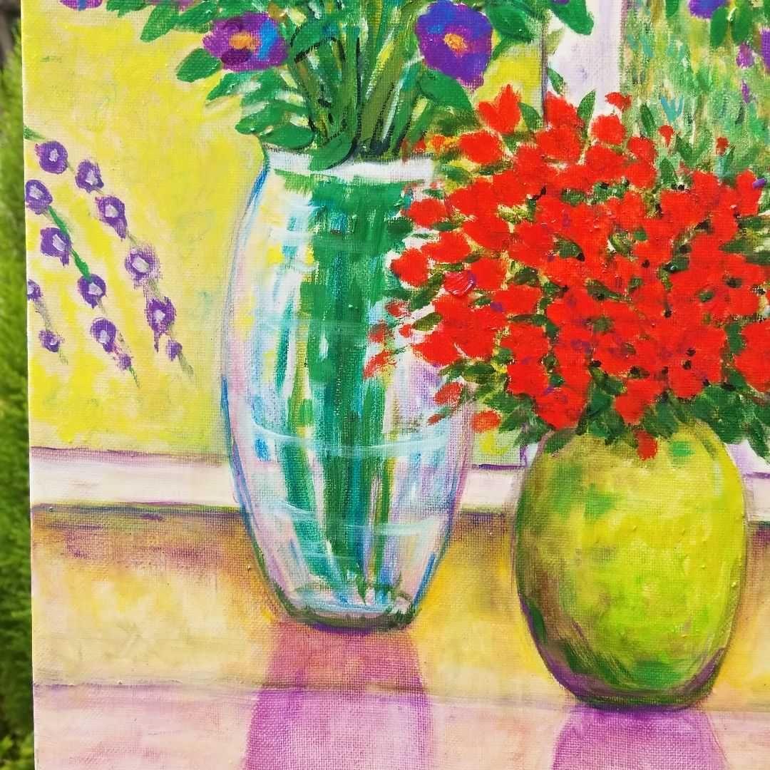 油絵　窓辺に並べたお花　　大きめキャンバス