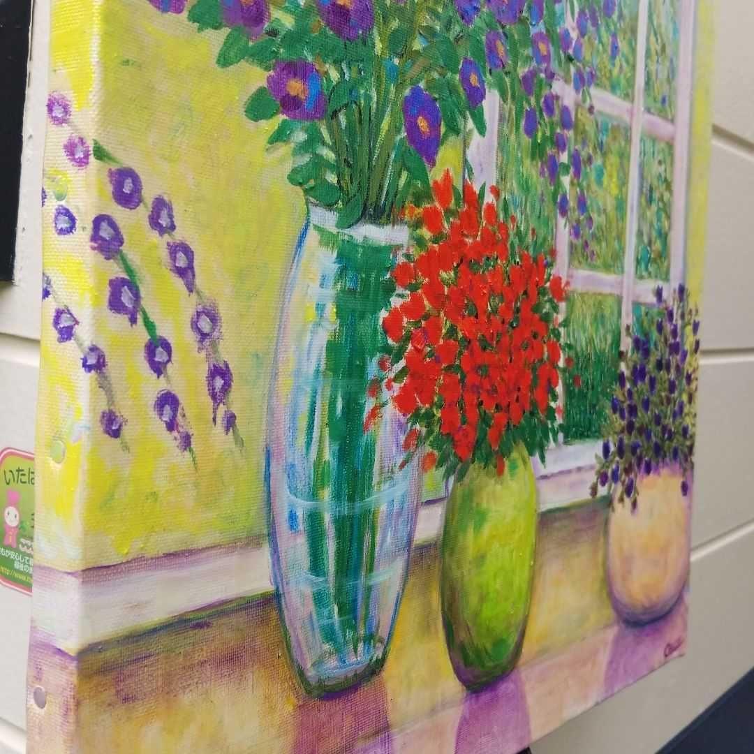 油絵　窓辺に並べたお花　　大きめキャンバス