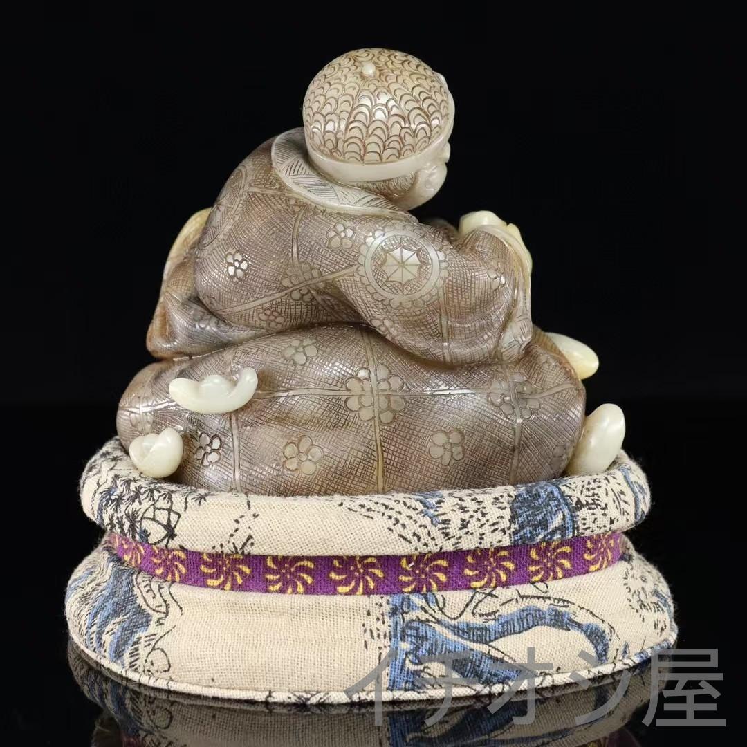 中国古美術 寿山石白芙蓉石 招財進宝人物彫刻置物 全身描花彩色 手彫細工 開運