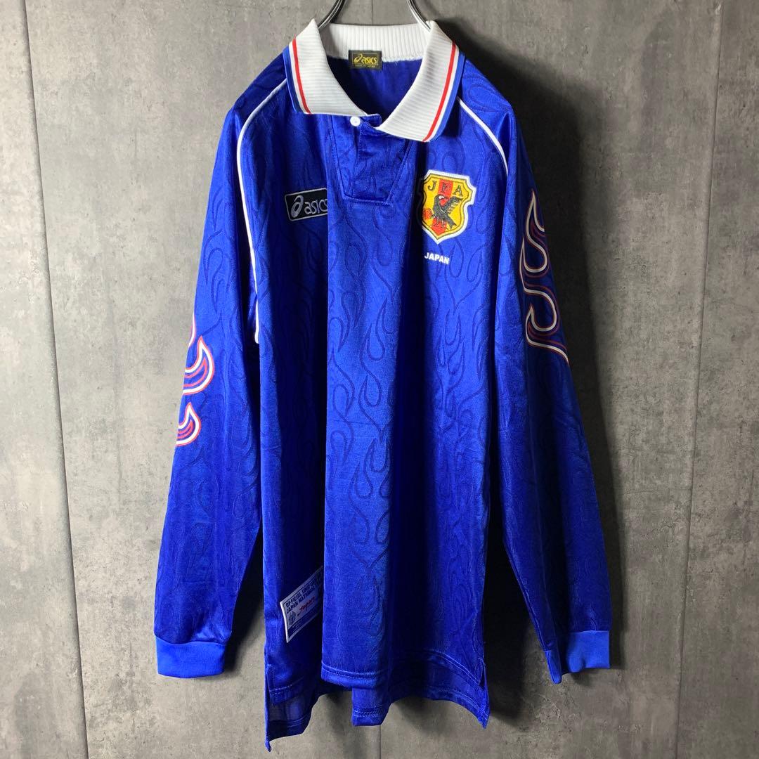 98年 サッカー 日本代表 ホーム 長袖 XL 炎 フランスW杯 ゲームシャツ