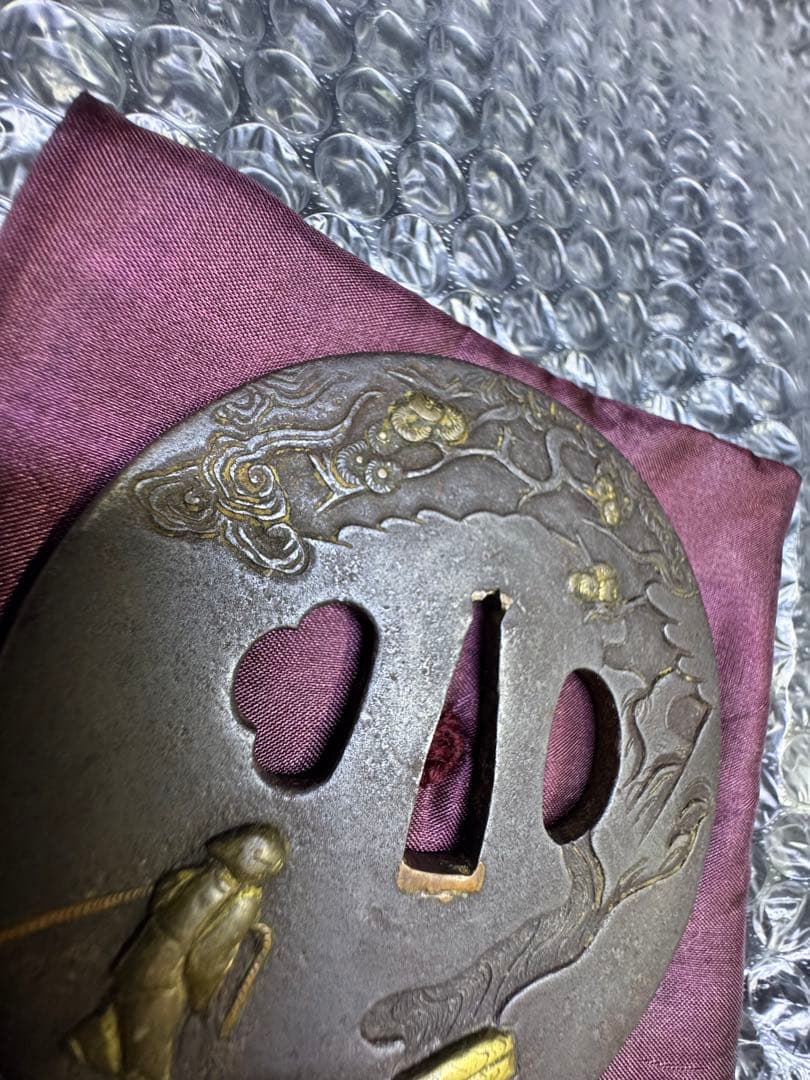無銘　　金工金象嵌松下　牛引き　山水図鍔　透かし鐔　刀鐔　鍔