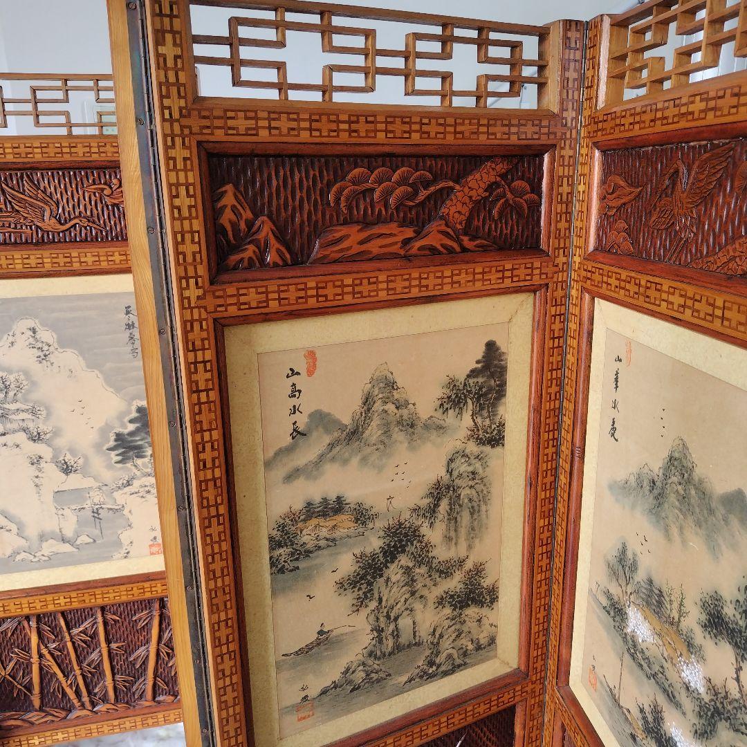 昭和レトロ当時物 美術骨董品 欅 木製衝立4面 水墨画 和モダン
