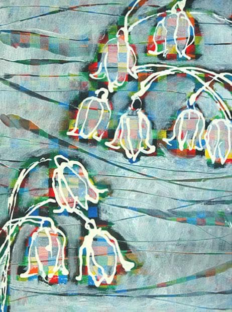 油絵 菅家令子 絵画インテリア額付(青緑＋金色の枠) F4-090116すずらん