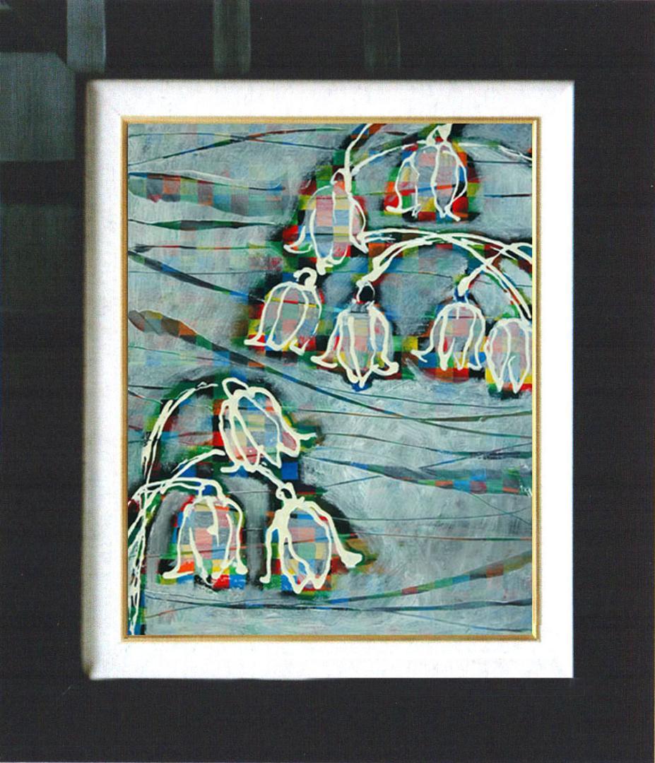 油絵 菅家令子 絵画インテリア額付(青緑＋金色の枠) F4-090116すずらん