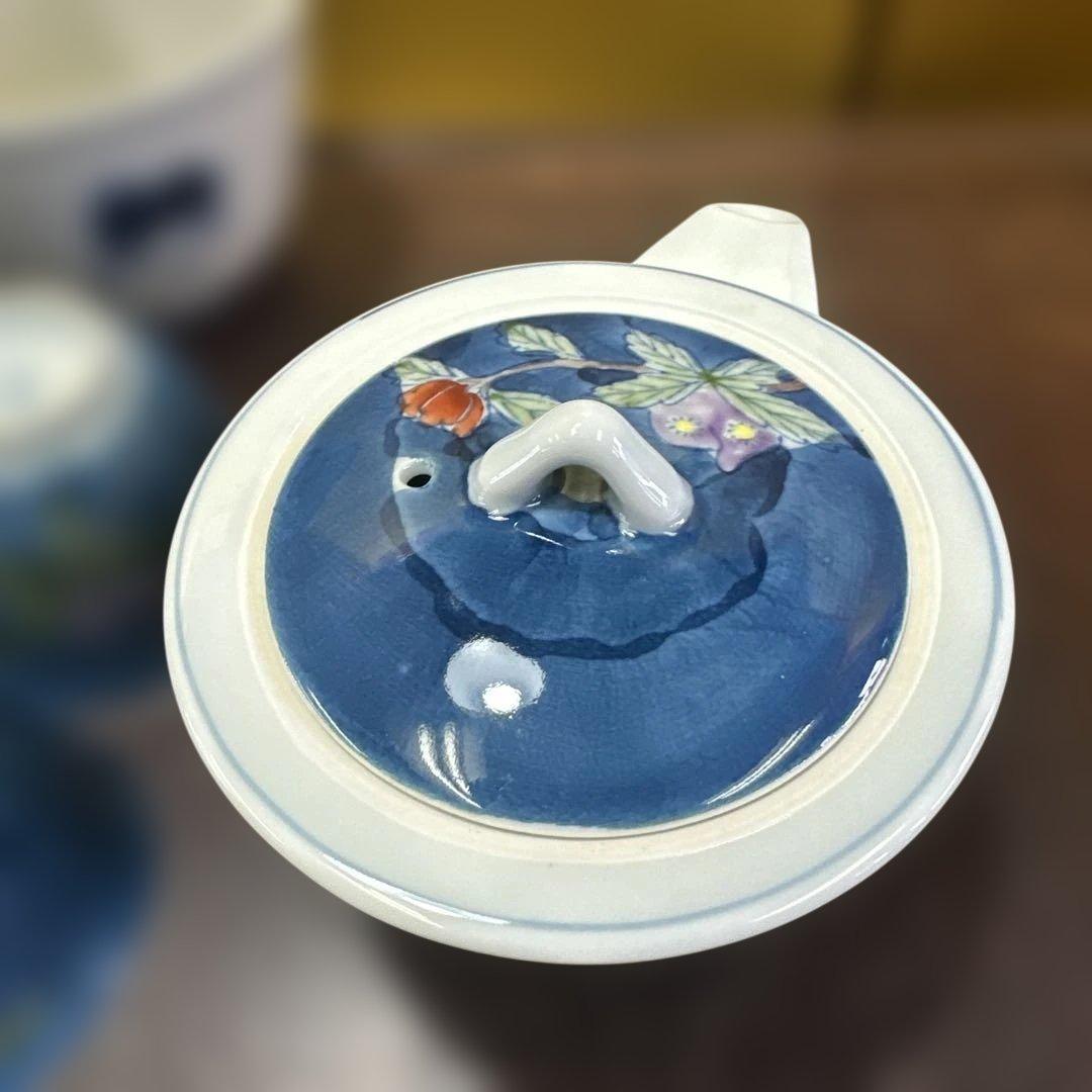 平安，京焼，有田焼，清水焼，茶道具セット 青色花柄 急須 茶碗 湯呑み