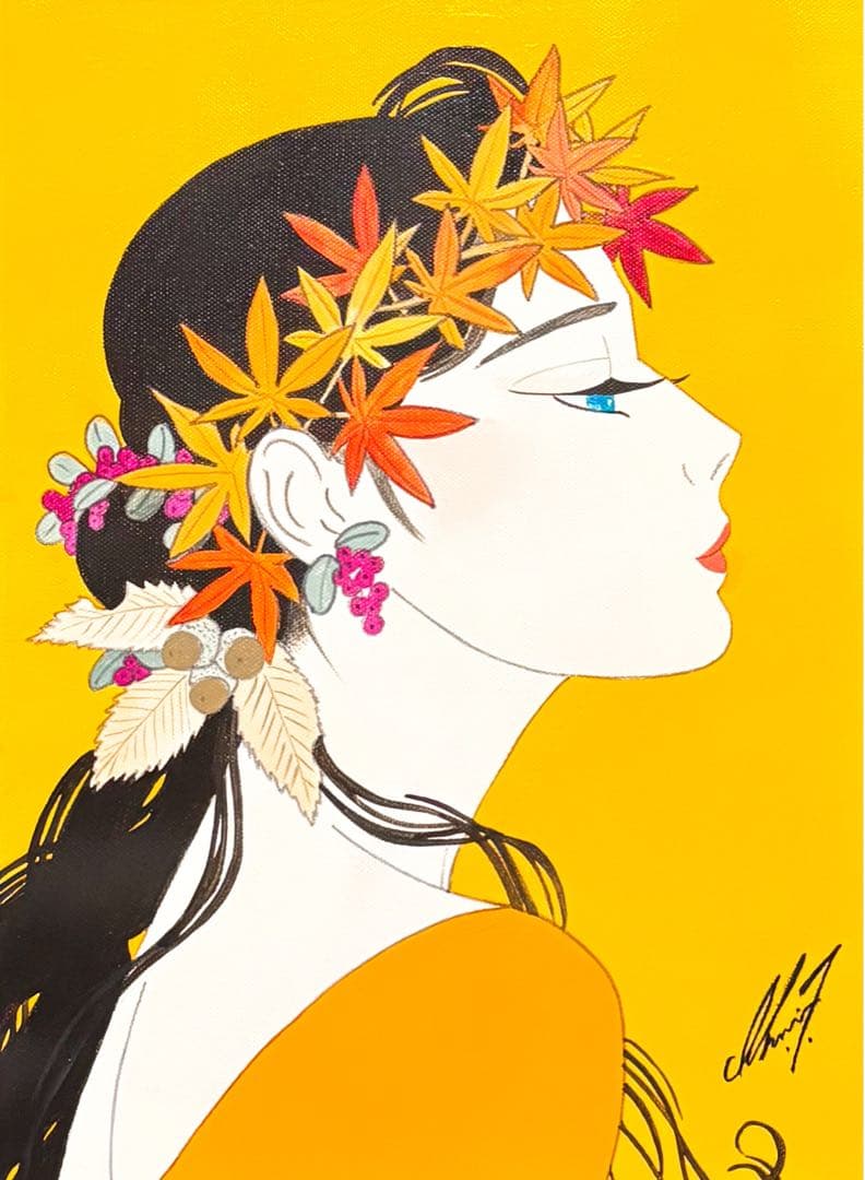 【F4号】手描き油彩画　鶴田一郎　額縁　未使用額　サイン　落款　ノエビア　美人画