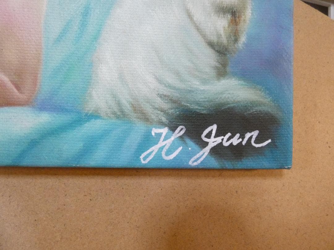 油絵　額付き　浜辺順　F6 【　ネコ　】手描き　肉筆