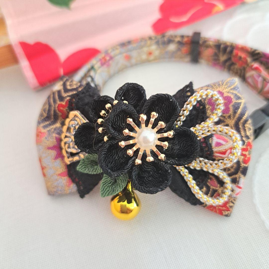 お正月、つまみ細工シングルリボン(黒③)わんちゃん猫ちゃん用首輪