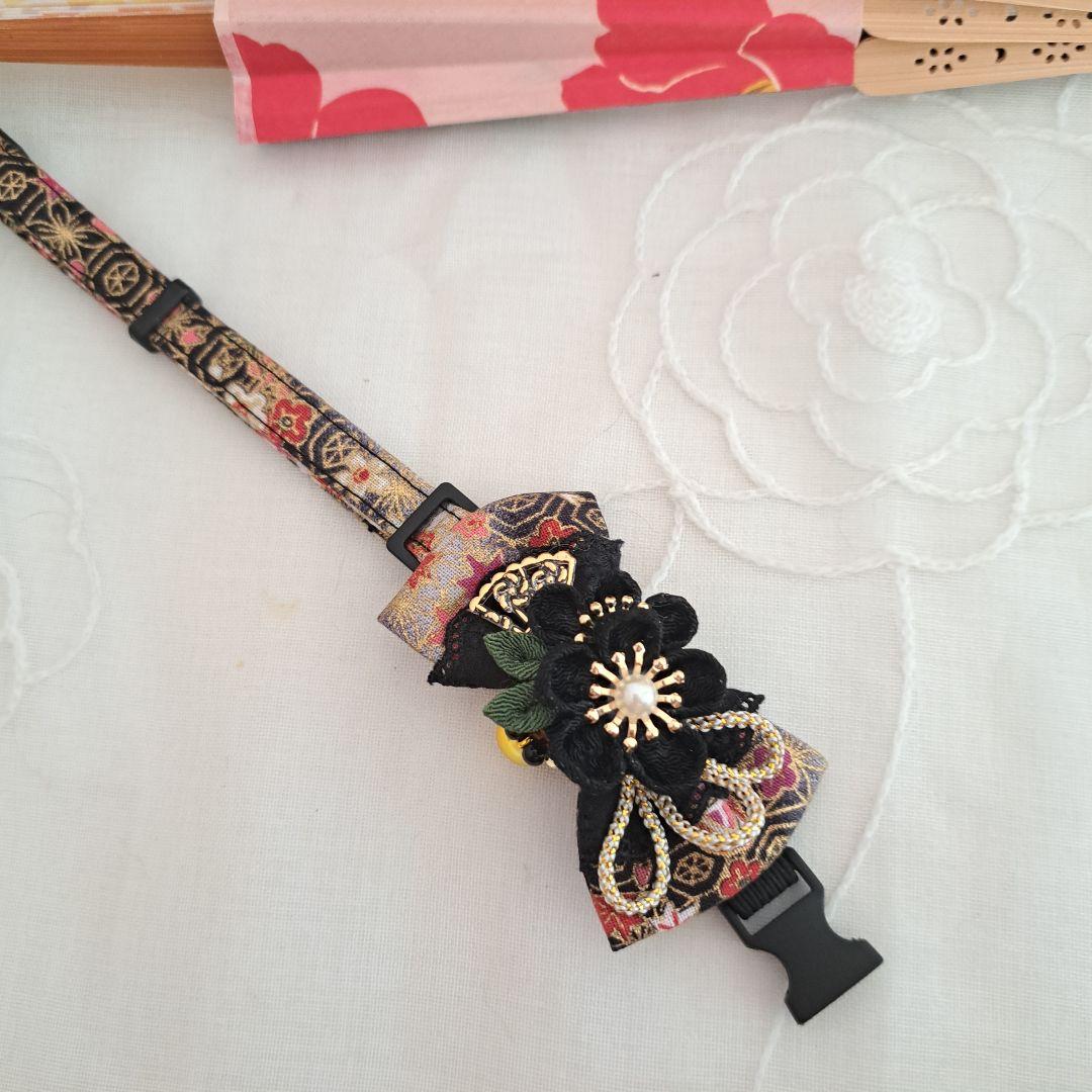 お正月、つまみ細工シングルリボン(黒③)わんちゃん猫ちゃん用首輪