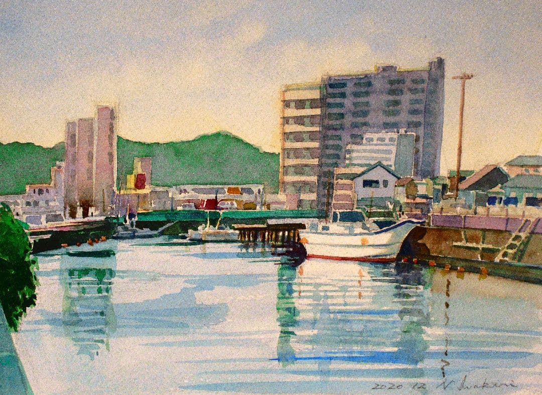 水彩画 河のある風景 2022年 フレーム付き 原画