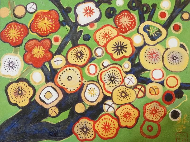 風景画　油絵　片岡球子　F6号　梅　額付き　手描き　肉筆