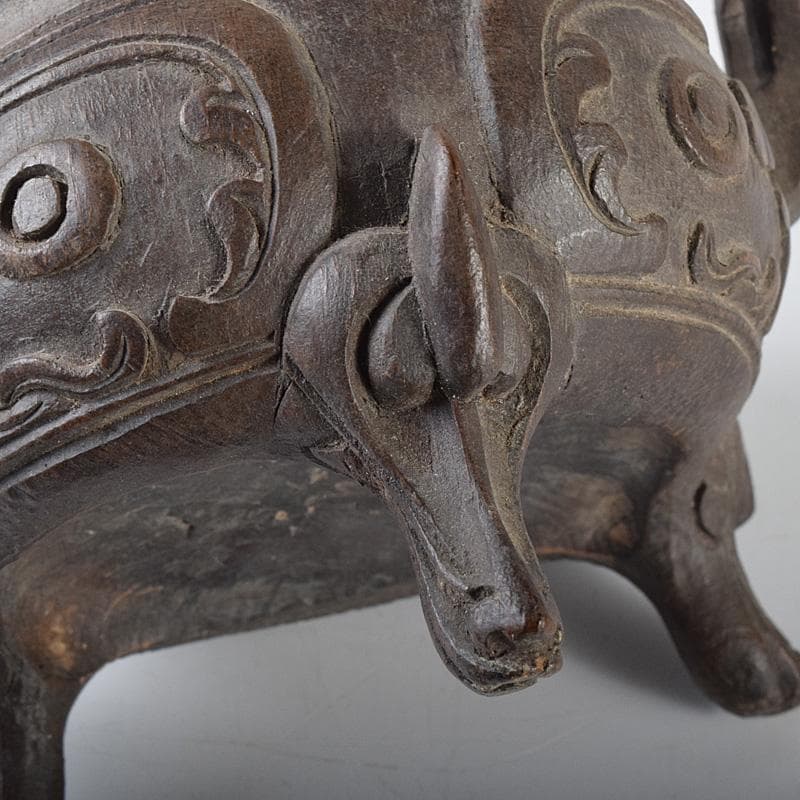 中国　古竹彫刻　獣摘饕餮文　香炉　鼎　V　R8107