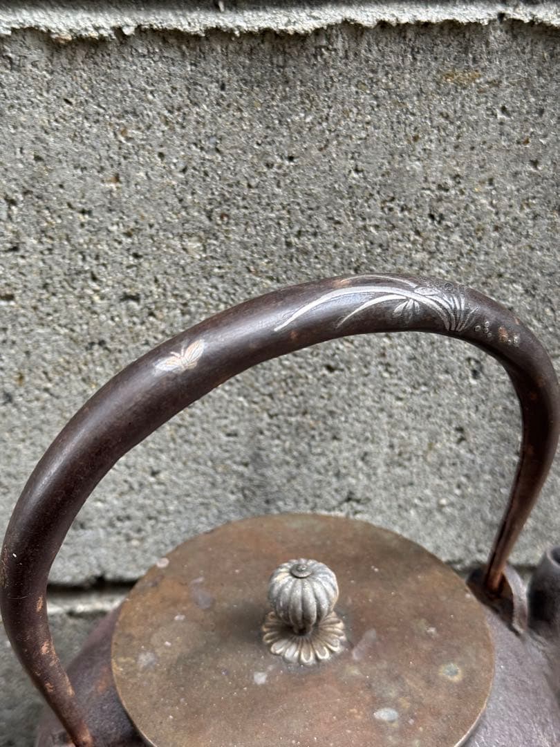 鉄製浮彫り動物模様の鉄瓶 銀象嵌　金粒