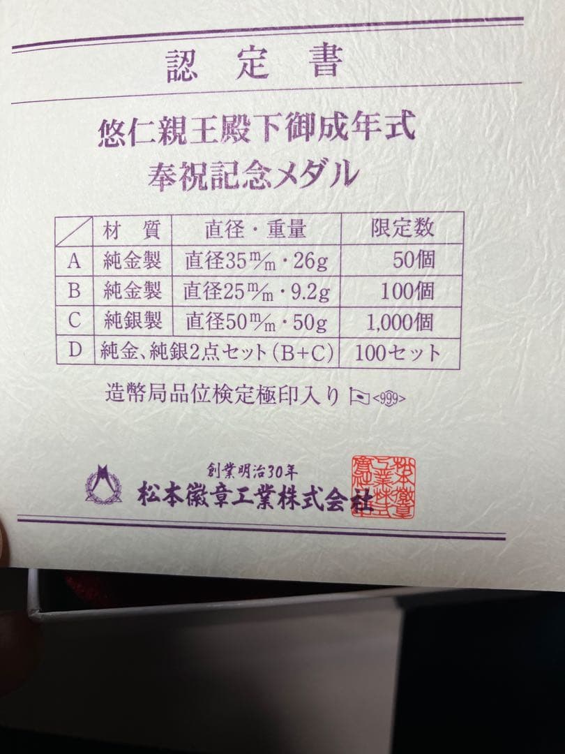純銀　悠仁親王殿下御成年式 奉祝記念メダル2025年　松本徽章