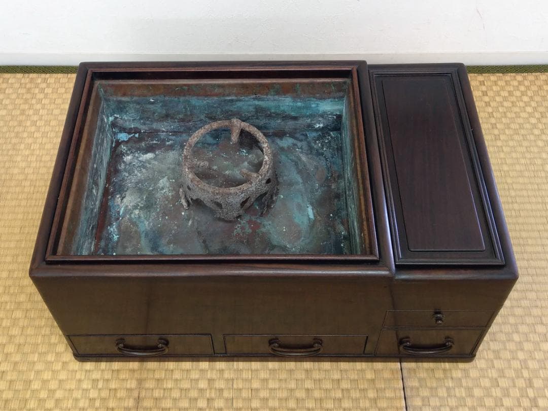 木製 唐木 紫檀 総無垢 長火鉢 関東火鉢 囲炉裏 五徳 灰付き 幅66cm