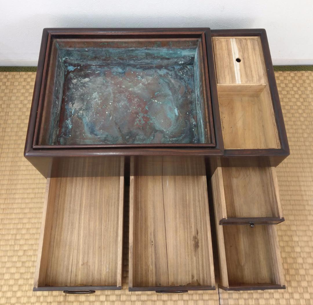 木製 唐木 紫檀 総無垢 長火鉢 関東火鉢 囲炉裏 五徳 灰付き 幅66cm