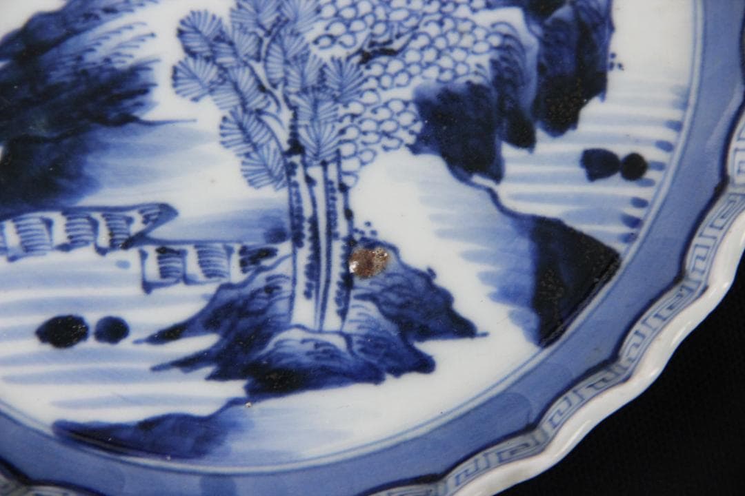 古伊万里 染付 山水図 五枚組 小皿 菓子皿 風景絵 江戸～明治期 Eo21-6