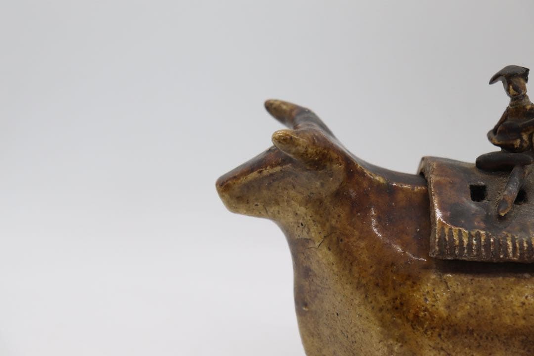 中国　磁州窯　黄釉　牛童子型香炉　送料込み250621