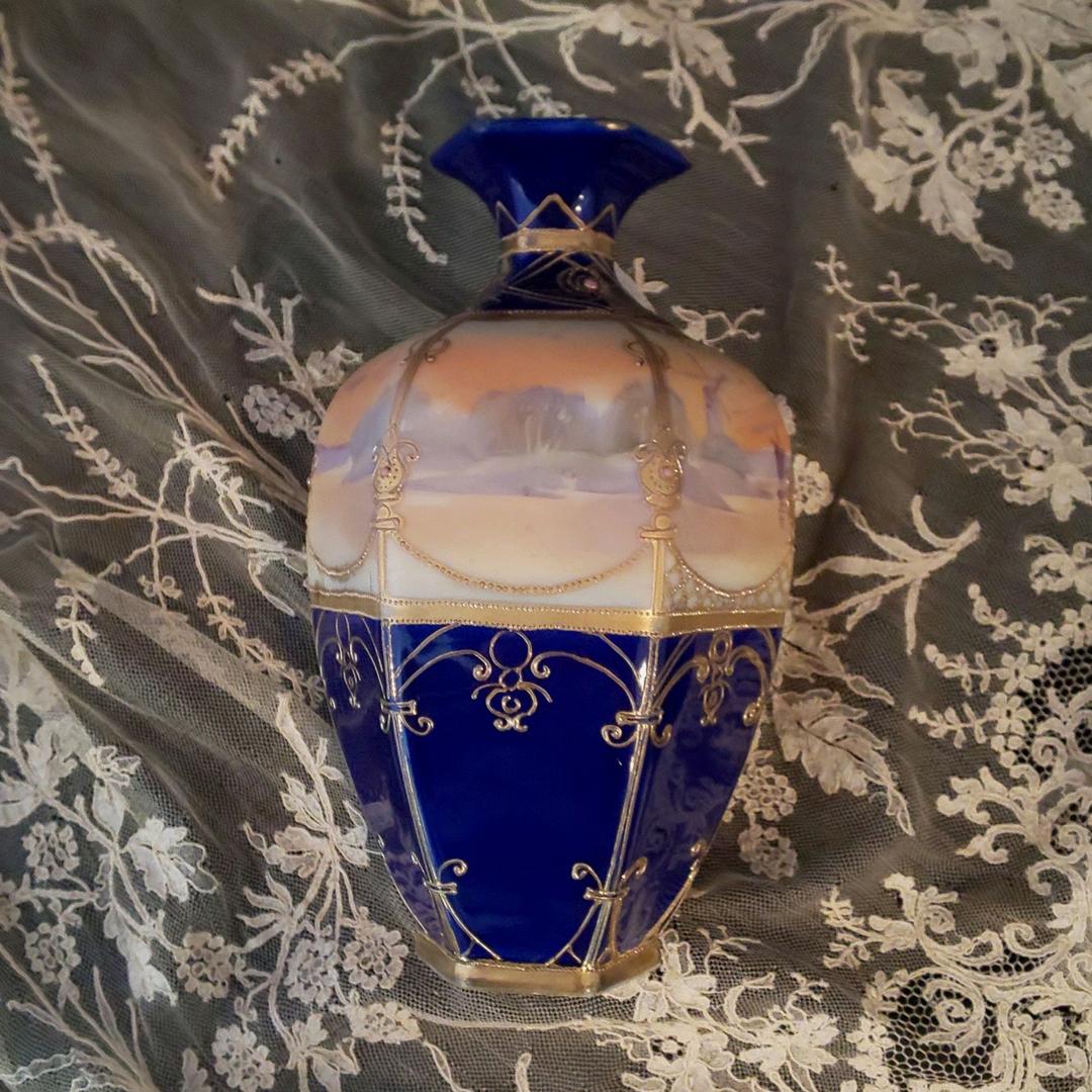 オールドノリタケ　コバルト　金盛　六角　花瓶