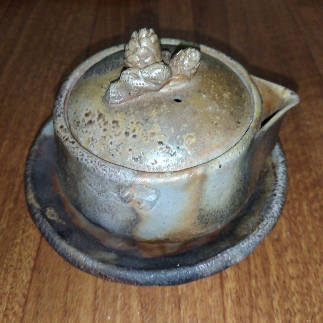 【レア】宝瓶 木村春芳作 備前焼 陶器製急須 松ぼっくり 茶托付き 宝瓶台付き
