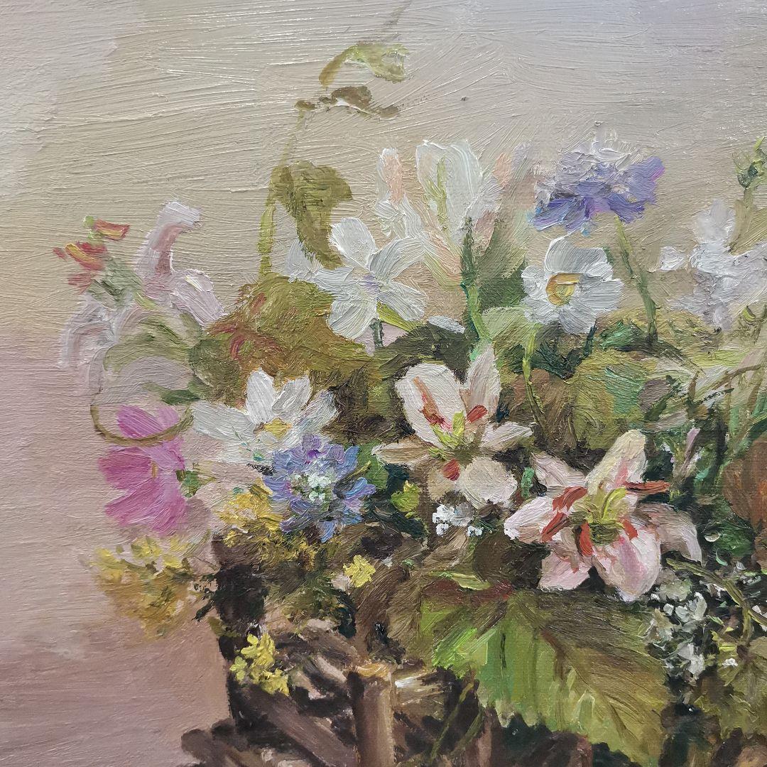 林昭子作★野の花★縦42センチ・横50センチ★油彩画 花のある小さな車