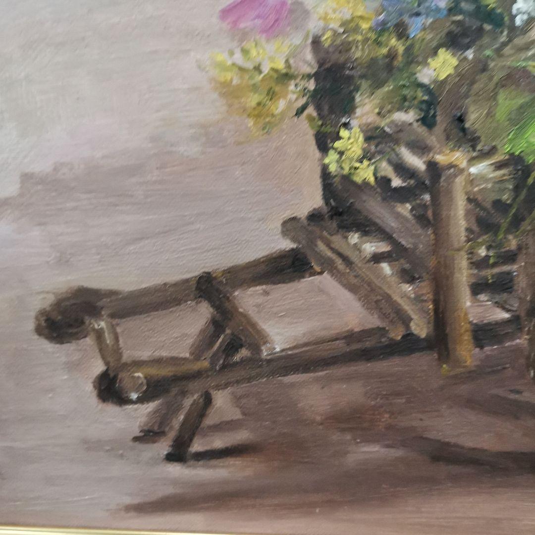 林昭子作★野の花★縦42センチ・横50センチ★油彩画 花のある小さな車