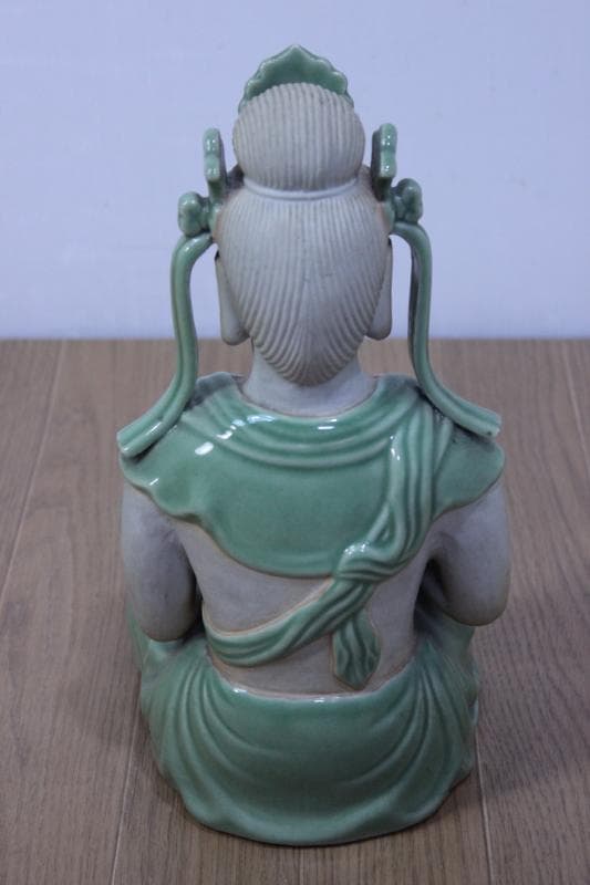 【九谷焼】座観音　青磁　縁起置物　高さ31㎝ 10号