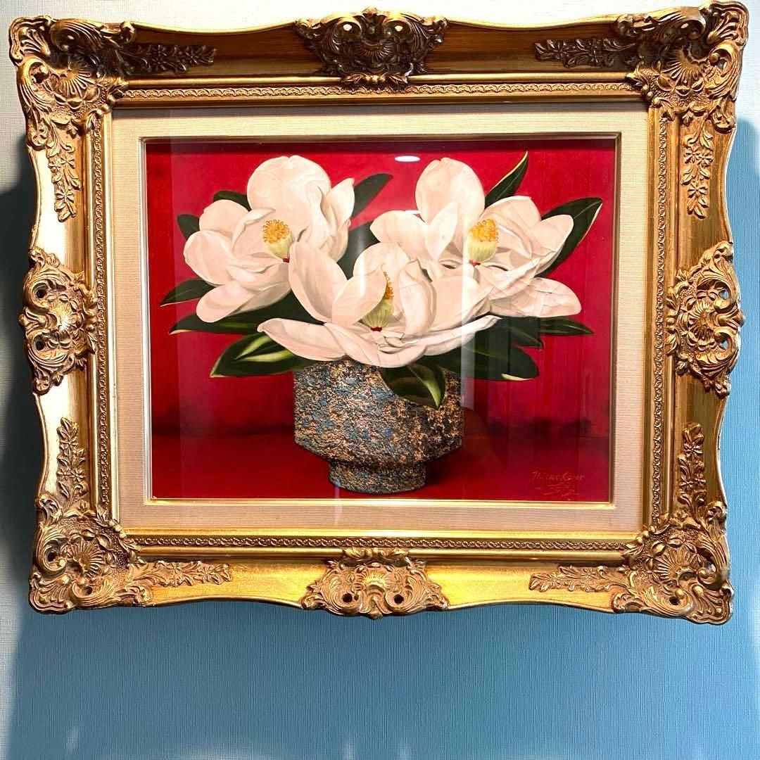 高野三三男 油絵 原画 額あり 画集付 「泰山木 マグノリア 」