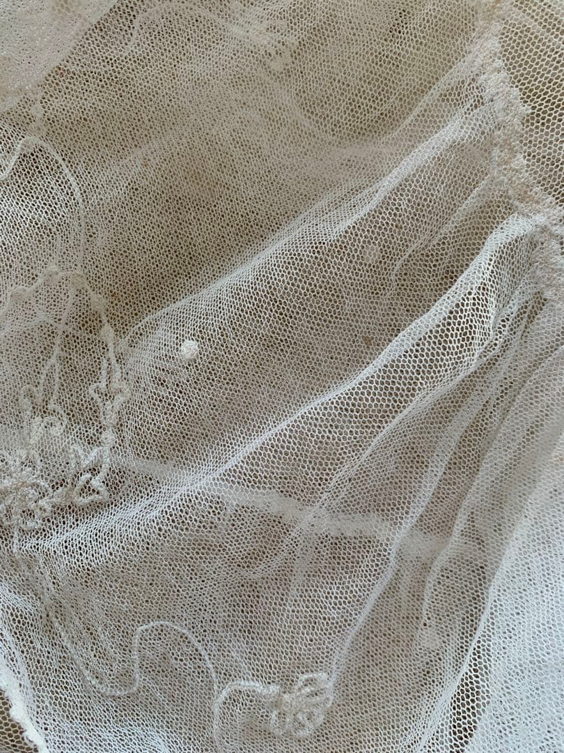 フランスアンティークコーネリー刺繍チュールレースロングカーテン※古色ホワイト