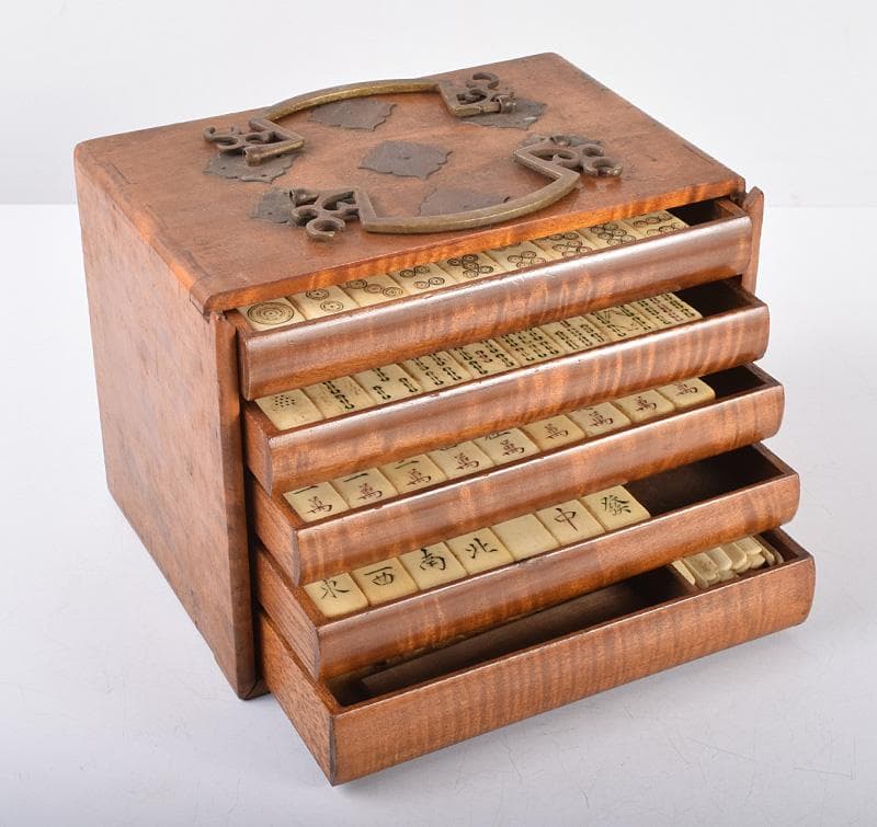 中国　竹嵌　骨牌　背竹牌　麻雀牌　木箱付　D　8693