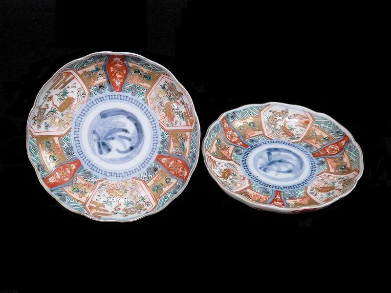 古伊万里　金襴手　鶴に松竹梅の図　４寸皿　２枚　E355AS-CBq