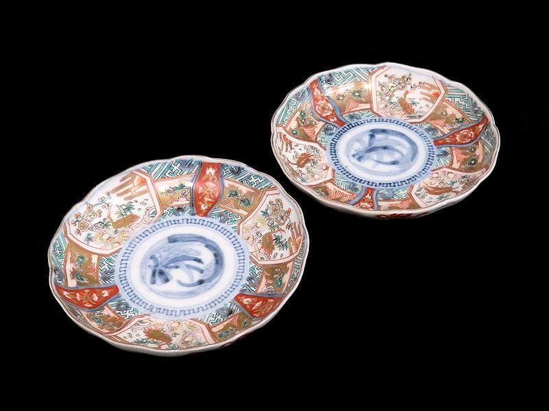 古伊万里　金襴手　鶴に松竹梅の図　４寸皿　２枚　E355AS-CBq