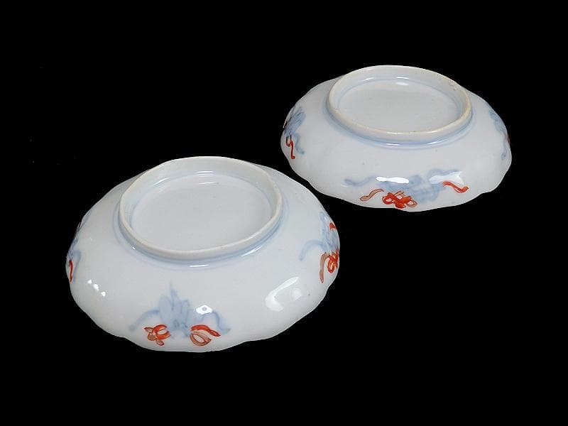 古伊万里　金襴手　鶴に松竹梅の図　４寸皿　２枚　E355AS-CBq