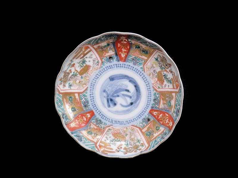 古伊万里　金襴手　鶴に松竹梅の図　４寸皿　２枚　E355AS-CBq