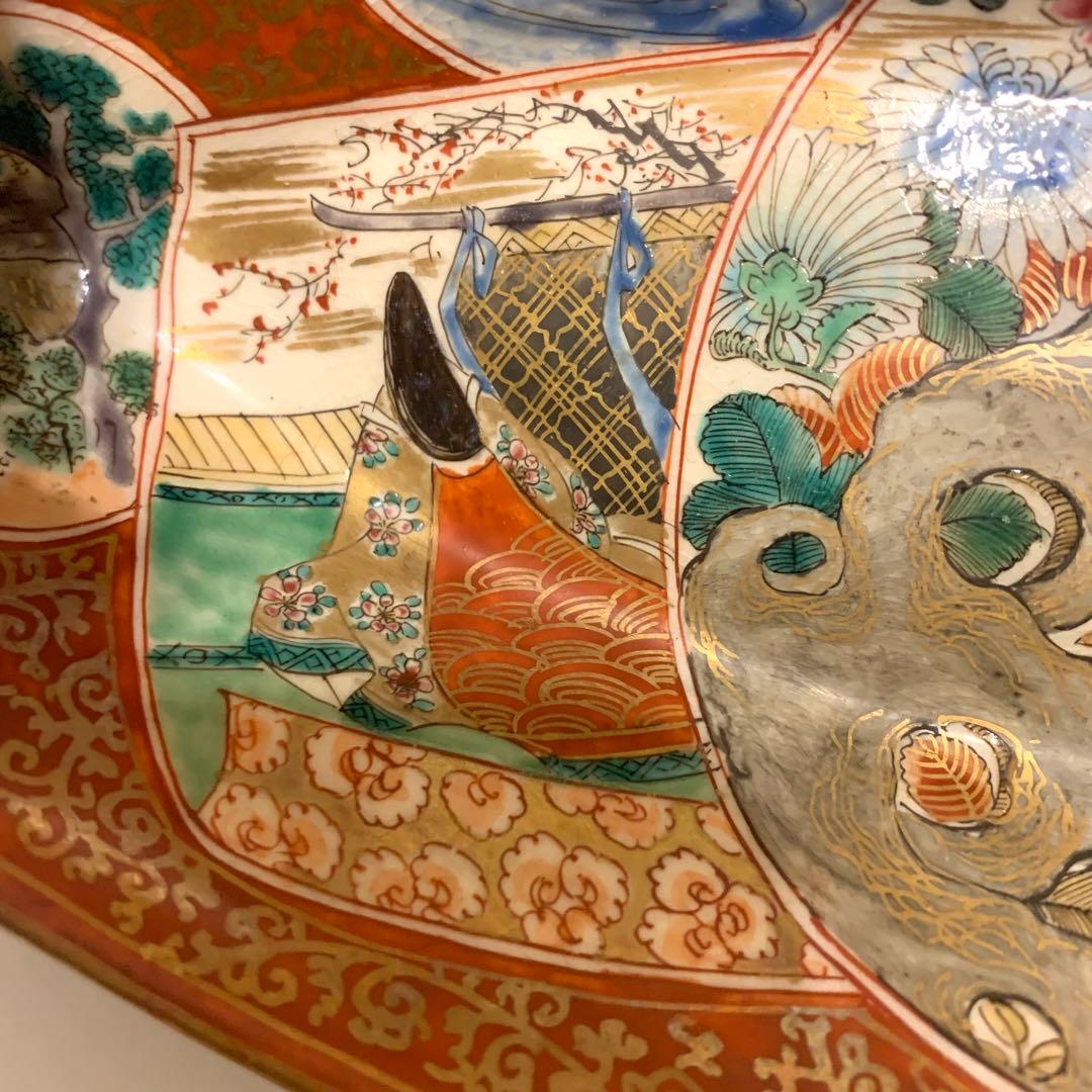 【時代物】古九谷　舟型船頭人形金彩鴨平安美人後姿草花図飾皿　幕末〜明治