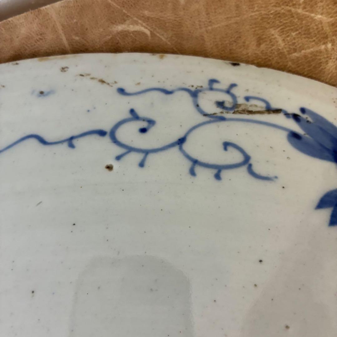 染付大皿　花鳥文様　約54cm（一尺8寸）　藍青色　磁器皿　時代物