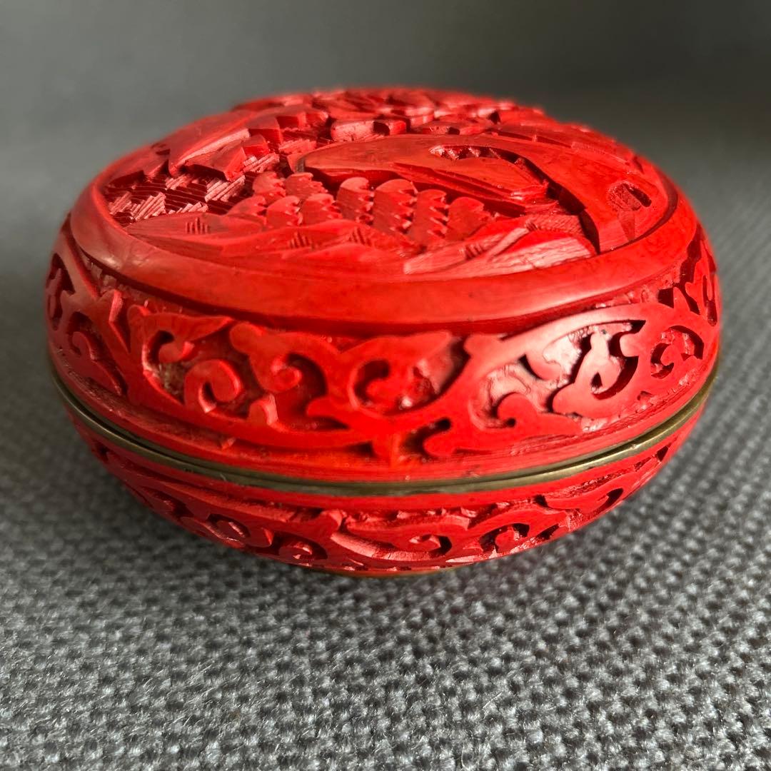 中国骨董【旧家蔵民国時代大き目銅胎彫漆堆朱内七宝香合印泥合】細工精密花鳥彫刻貴重