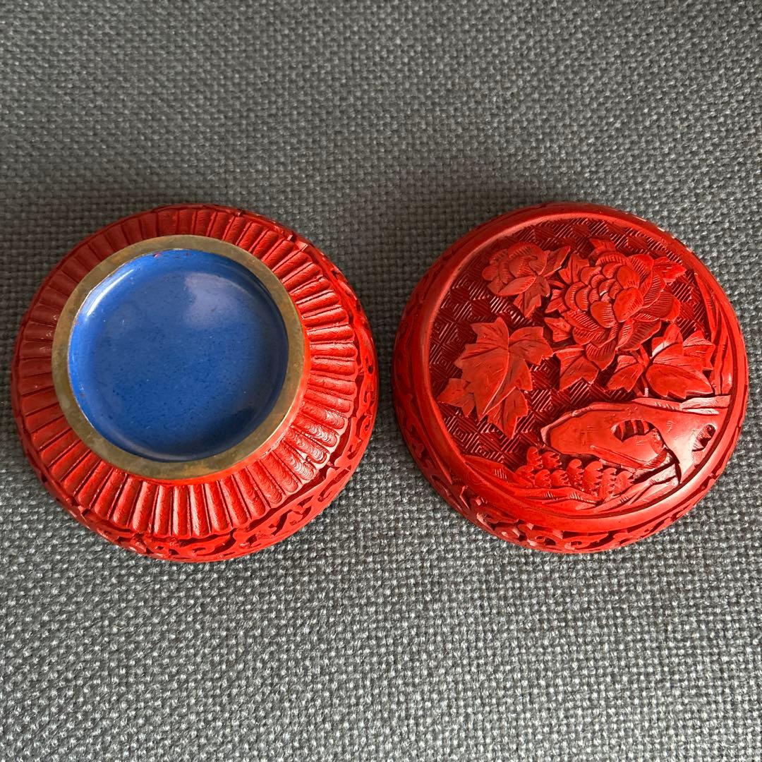 中国骨董【旧家蔵民国時代大き目銅胎彫漆堆朱内七宝香合印泥合】細工精密花鳥彫刻貴重