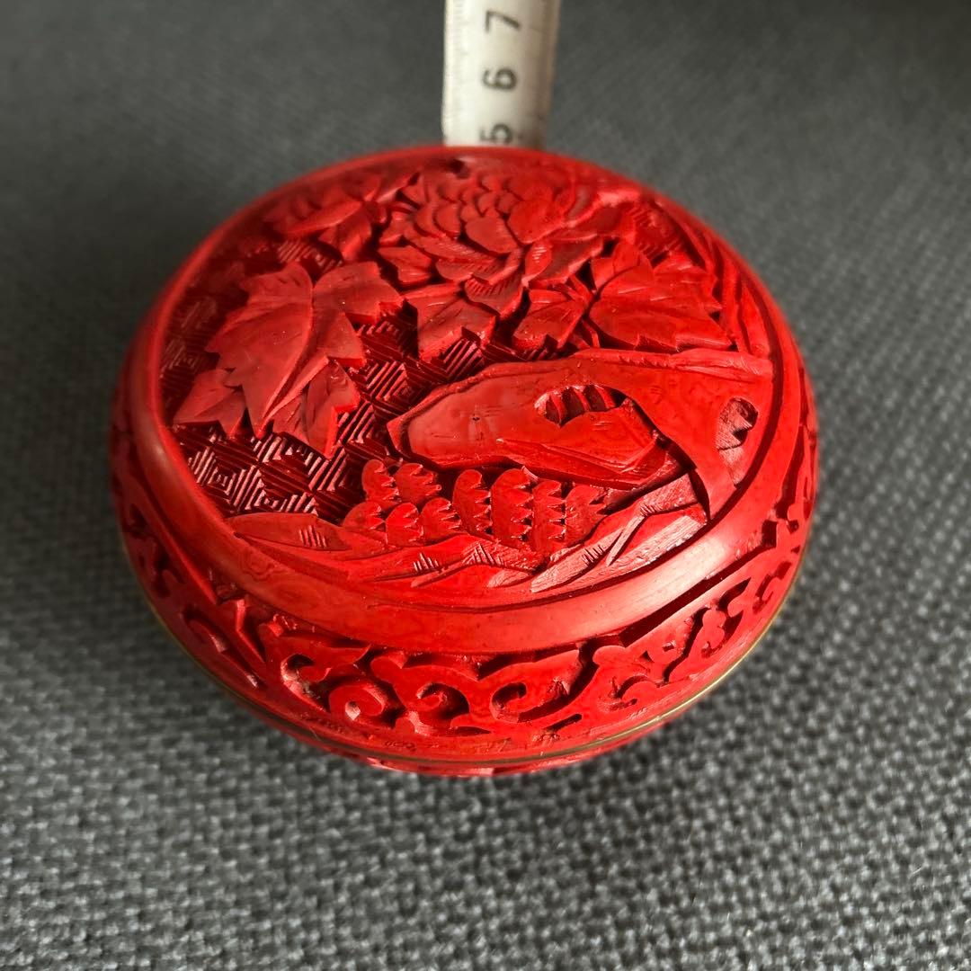 中国骨董【旧家蔵民国時代大き目銅胎彫漆堆朱内七宝香合印泥合】細工精密花鳥彫刻貴重