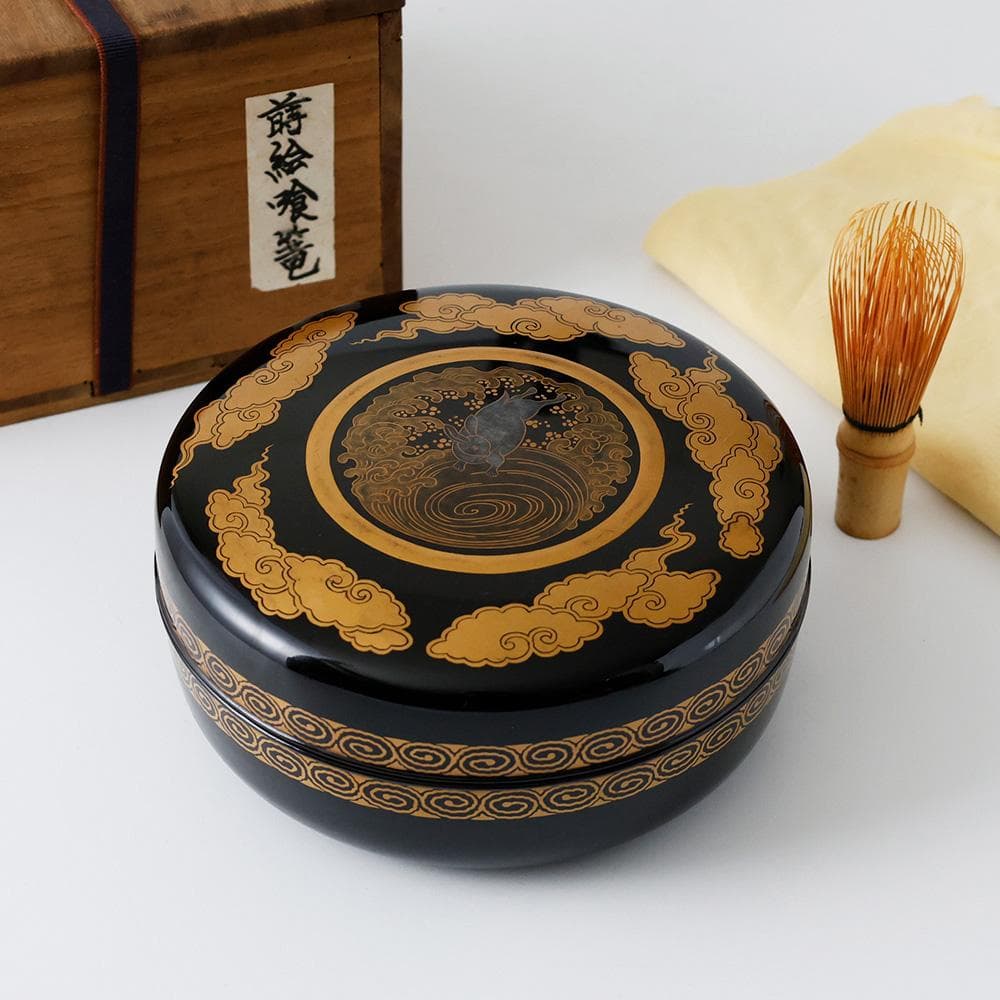 時代年代物 輪島塗 黒塗 金蒔絵 喰籠 浪に兎紋 茶道具 懐石 黄布 合箱