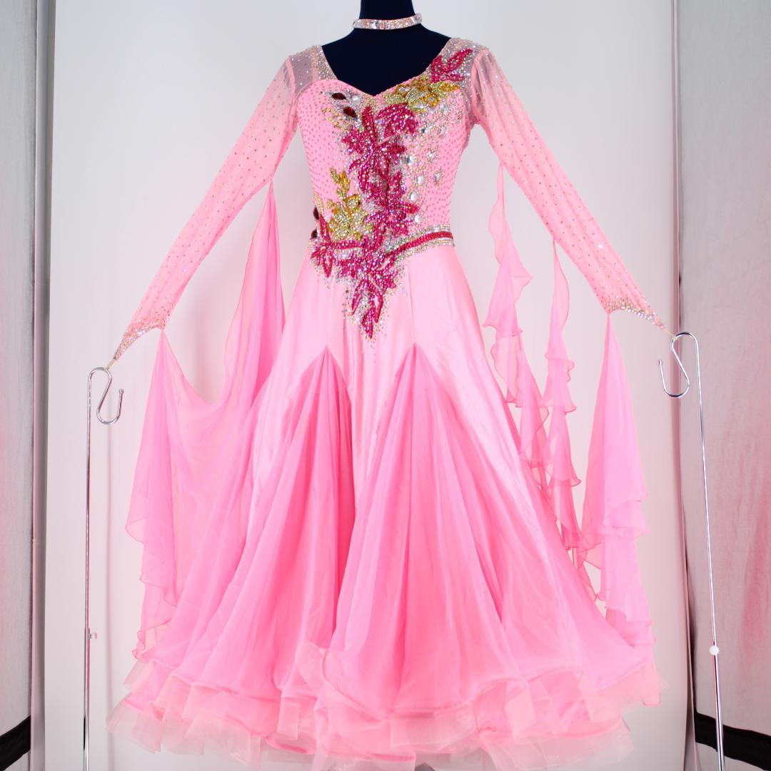【美品 社交ダンス衣装】ピンク ワンピース ドレス ラインストーン チョーカー
