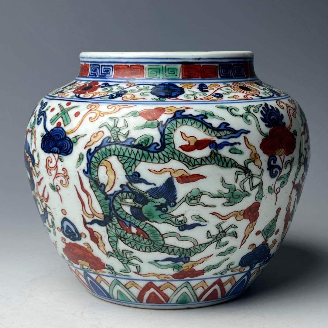 優美 五彩龍紋染付壺 大明嘉靖年製 款 中国美術 古玩