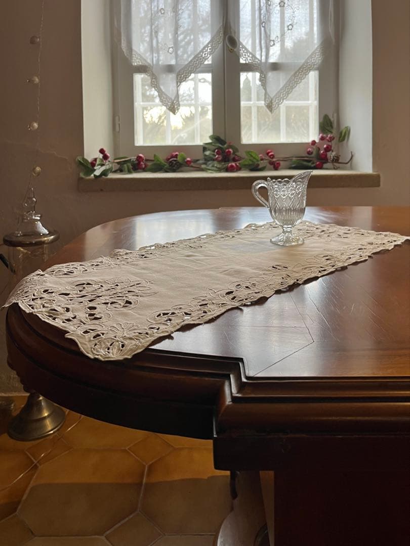 ◆フランスアンティーク｜超希少未使用手刺繍テーブルセンタークロス長方形長い白
