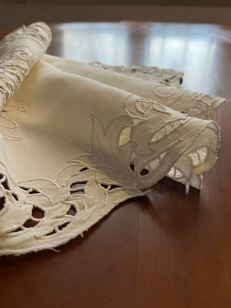 ◆フランスアンティーク｜超希少未使用手刺繍テーブルセンタークロス長方形長い白