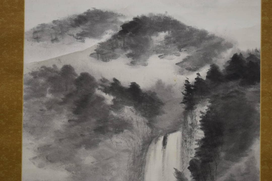 真作/湯川三舟/神瀧/山水瀑布図/布袋屋掛軸HG-386