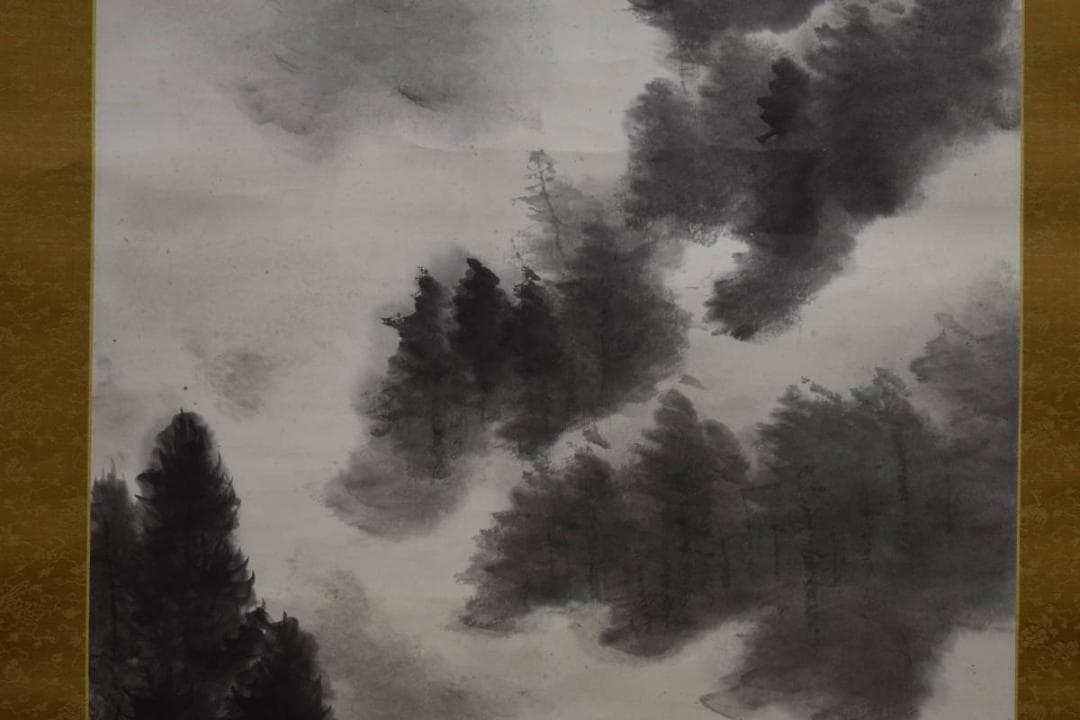 真作/湯川三舟/神瀧/山水瀑布図/布袋屋掛軸HG-386