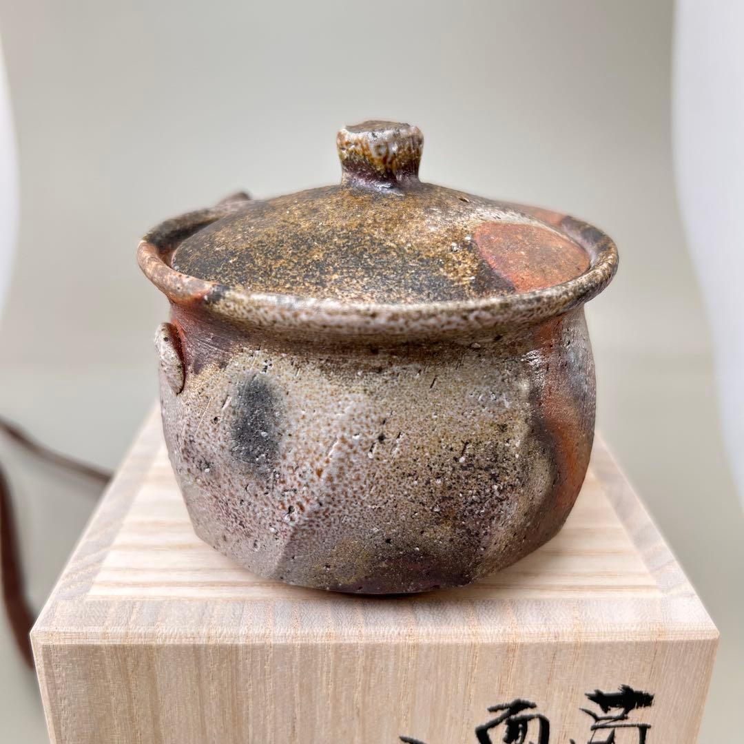 B柴岡信義 備前市無形文化財 備前焼 窯変 共箱 共布 栞 面取 宝瓶 茶器